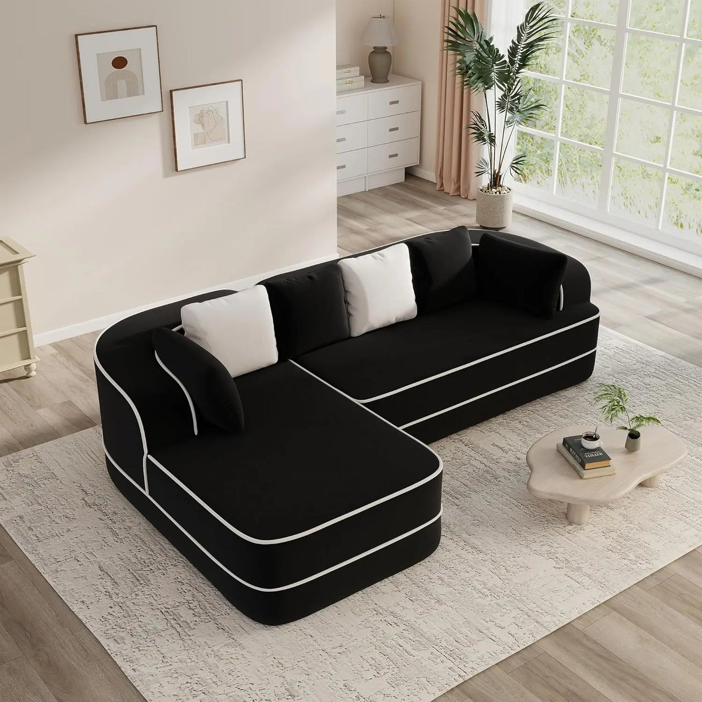105.9" Contrast Color Boneless Sectional Couch, Teddy Fabric Foam Cloud Sofa, L Shaped Extra Deep Seat Wide Arm, Customized
