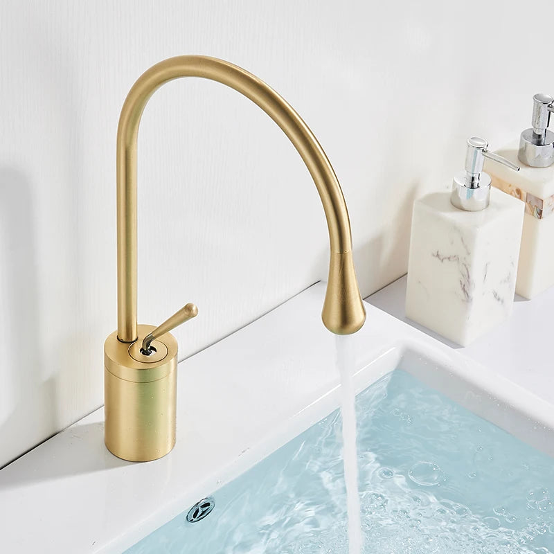 Brushed Golden Brass Art Basin Faucet Bathroom Washbasin Hot Cold Tap 360 Swivel Waterfall Gold Tall Model Mixer Deck Mounted