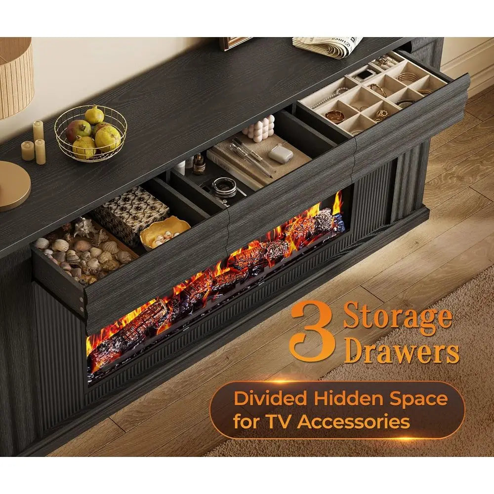 70 Inch TV Stand for Electric Fireplace, 42 Inch or 65-75 Inch TVs, Entertainment Center with Drawers, Black Living Room Furniture