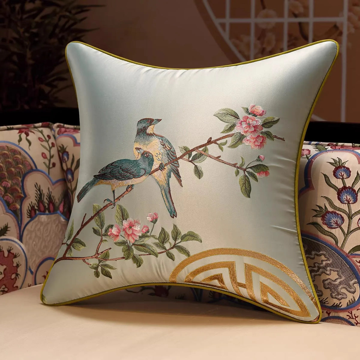 New Chinese Style Embroidered Bird Cushion Cover Living Room Sofa Waist Pillow Luxurious Classical Bed Head Silk Pillowcase