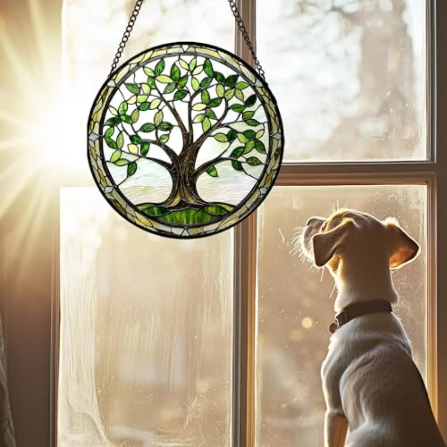 Stained Glass Window Hanging - Tree Trunk Leaves Sun Catcher for Door Garden Home Decor Plant Suncatcher Christmas Mother's Day