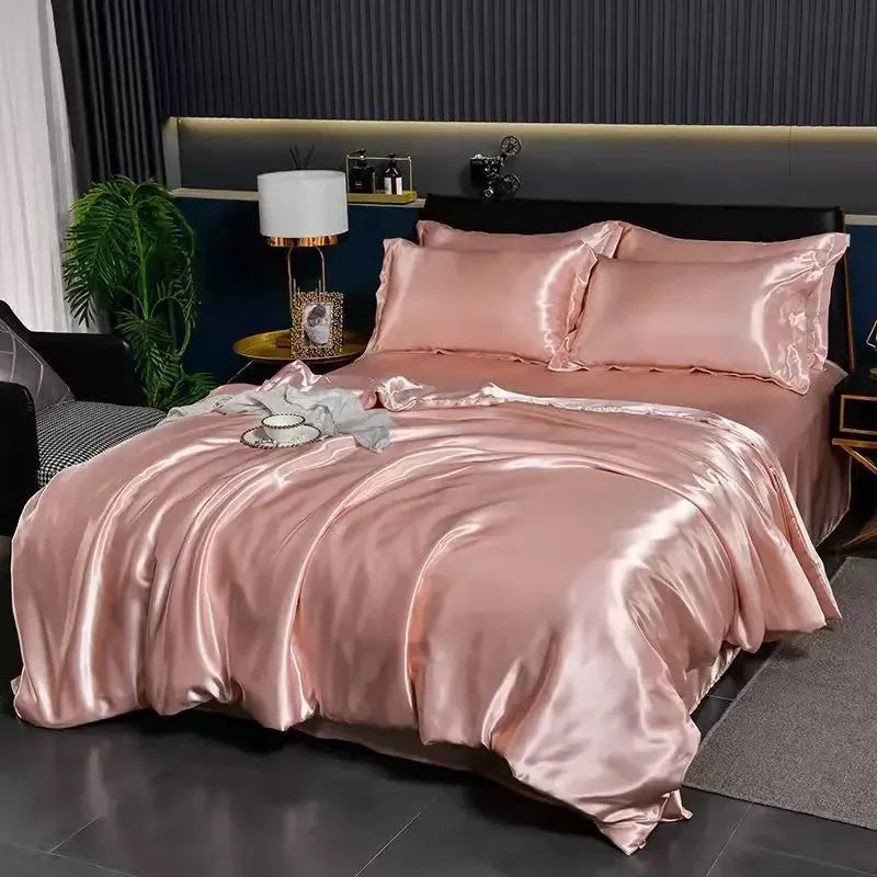 Mulberry 100% Silk Bedding Sets Skin Friendly Ice Silk Bed Sets Quilt Cover with Bed Sheet Pillowcase King Queen Full Twin Size