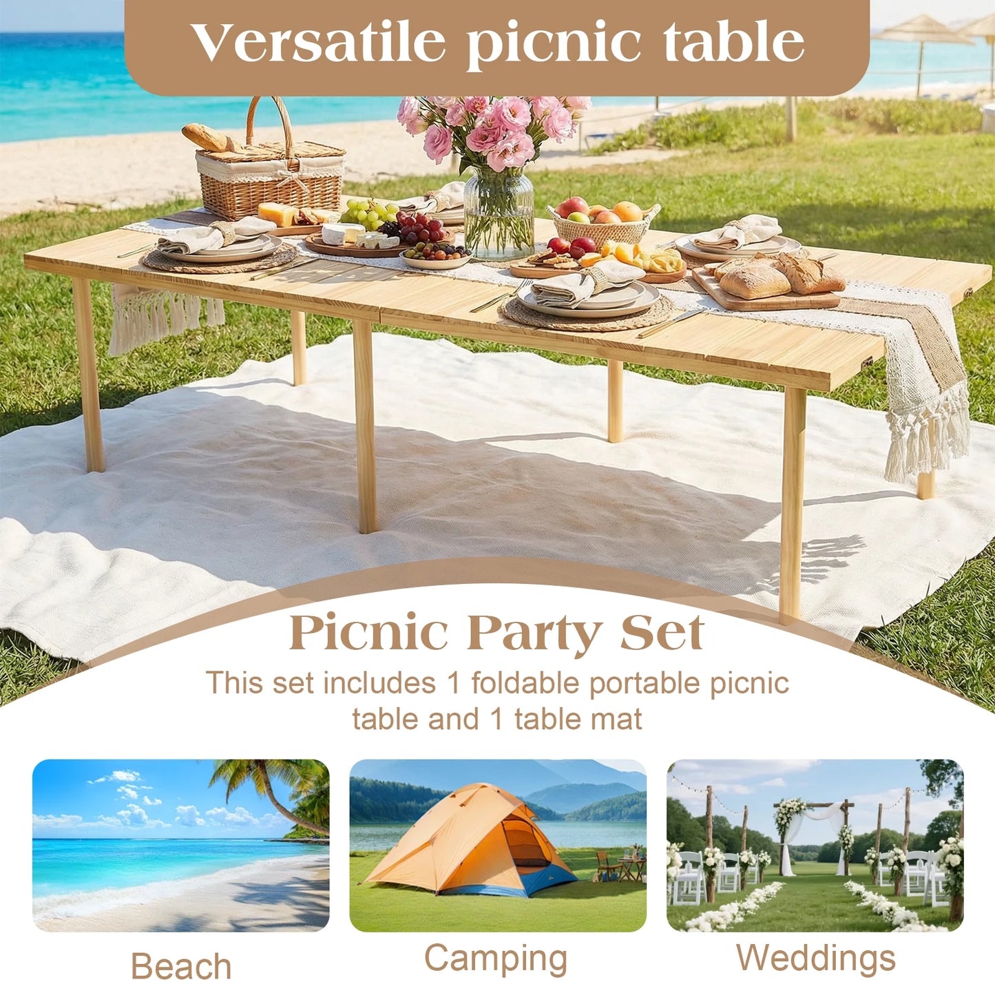 Foldable Camping Table 60 Lx30 W Inch Portable Boho Low Picnic Table with Runner for Outdoor Beach Backyards BBQ and Party