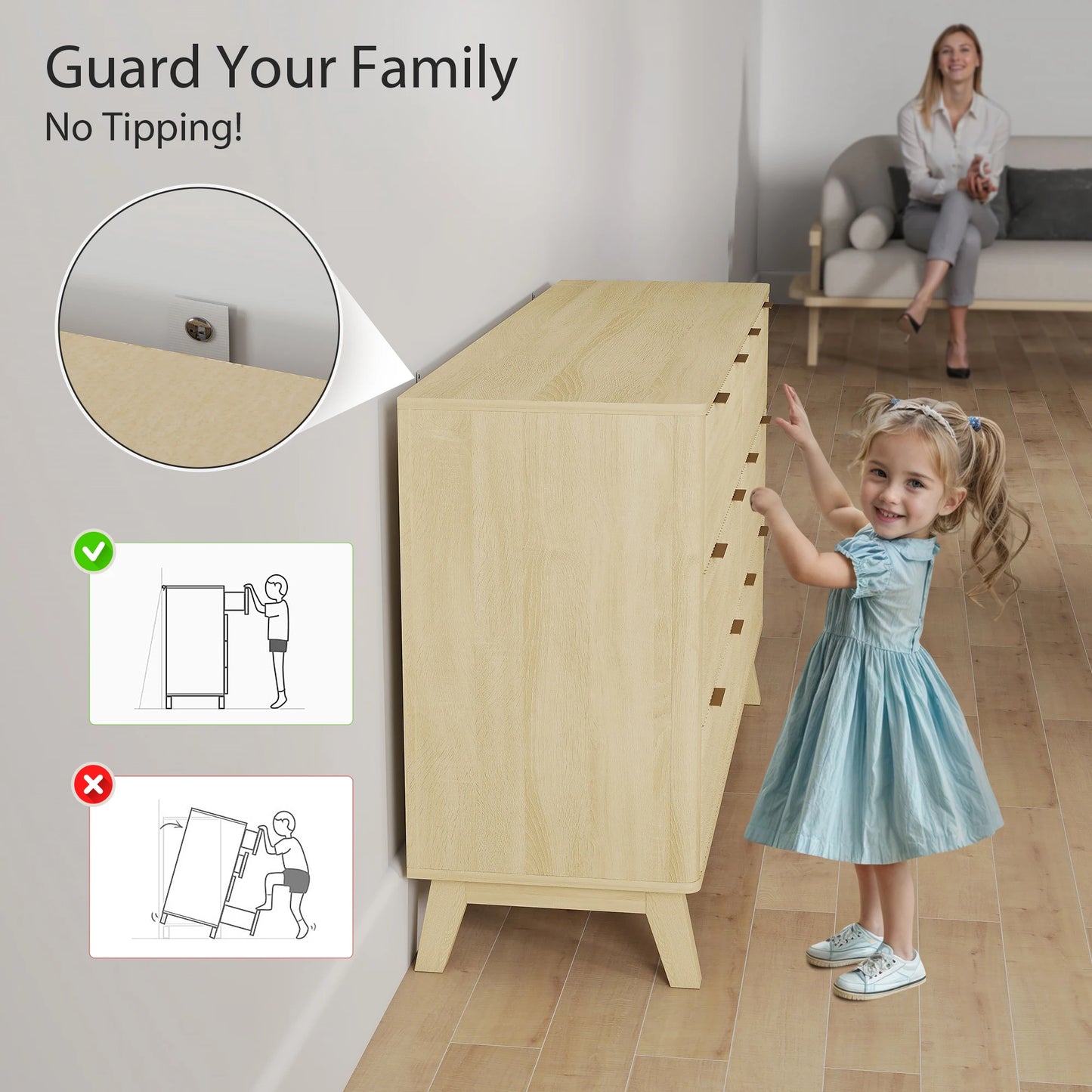 Fluted Dresser for Bedroom with 6 Drawers, 54" Wide Chest of Drawers with Gold Finger Pulls and 5 Wood Legs, Natural Wood