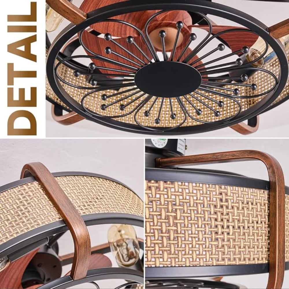 Retro Ironwork Ceiling Fan Light With Remote Control 6 Speeds Silent Ceiling Fan Lamp Bedroom Living Room Decoration Chandelier