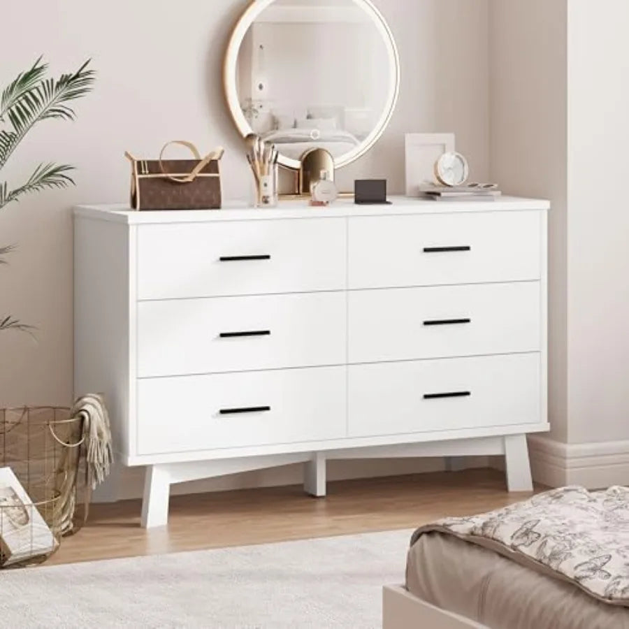 Dresser for Bedroom, 6 Drawer Wide Modern Chest of Drawers with X-Shaped Sturdy Base, Wood Double Dresser Closet Clothes Storag