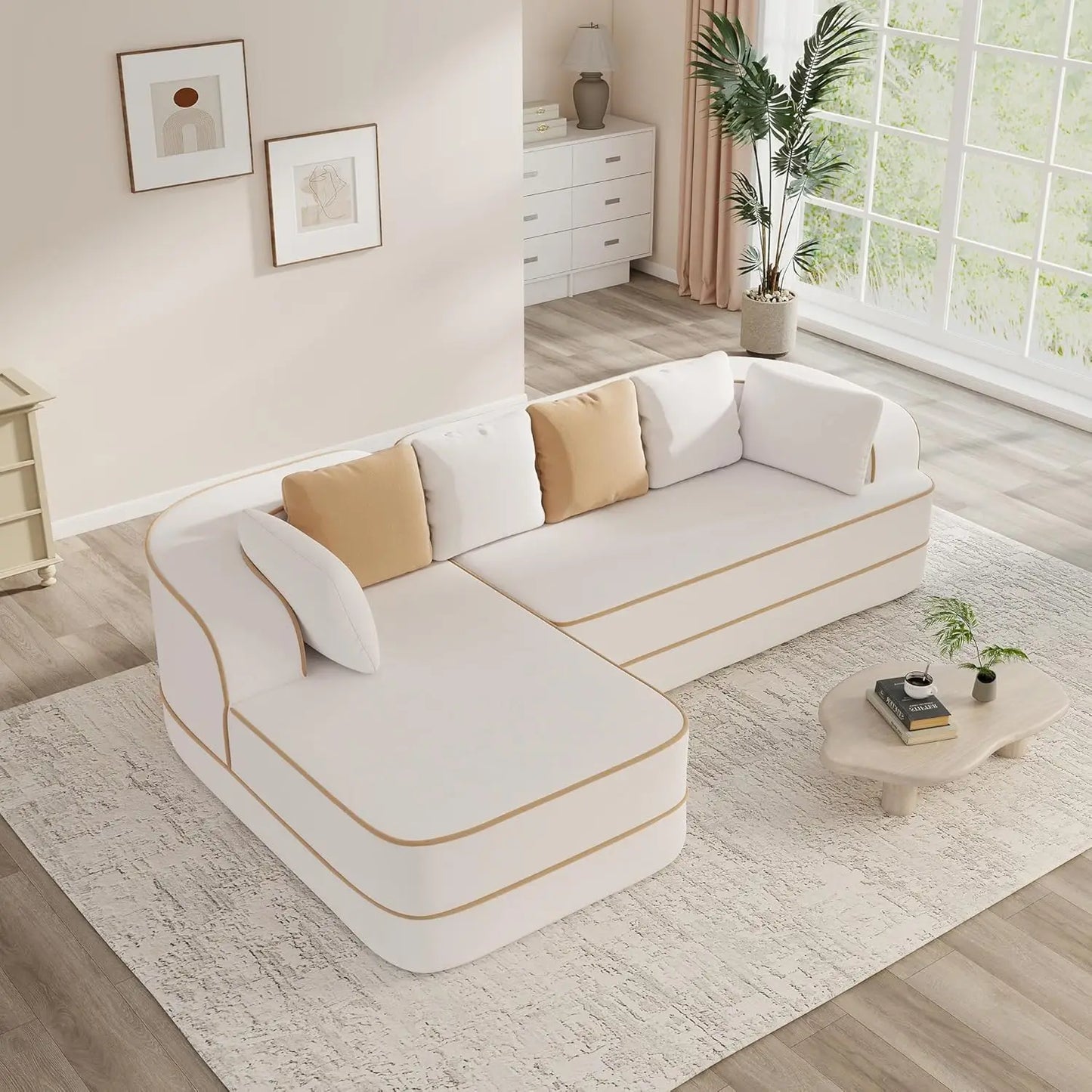 105.9" Contrast Color Boneless Sectional Couch, Teddy Fabric Foam Cloud Sofa, L Shaped Extra Deep Seat Wide Arm, Customized