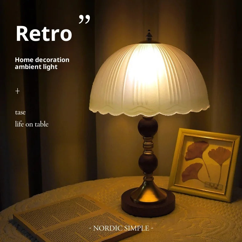 Solid Wood Nordic Table Lamp Bedside Light Luxury High-end Bedroom Decoration Table Lamp Retro Glass Creative Night Lamp B & B