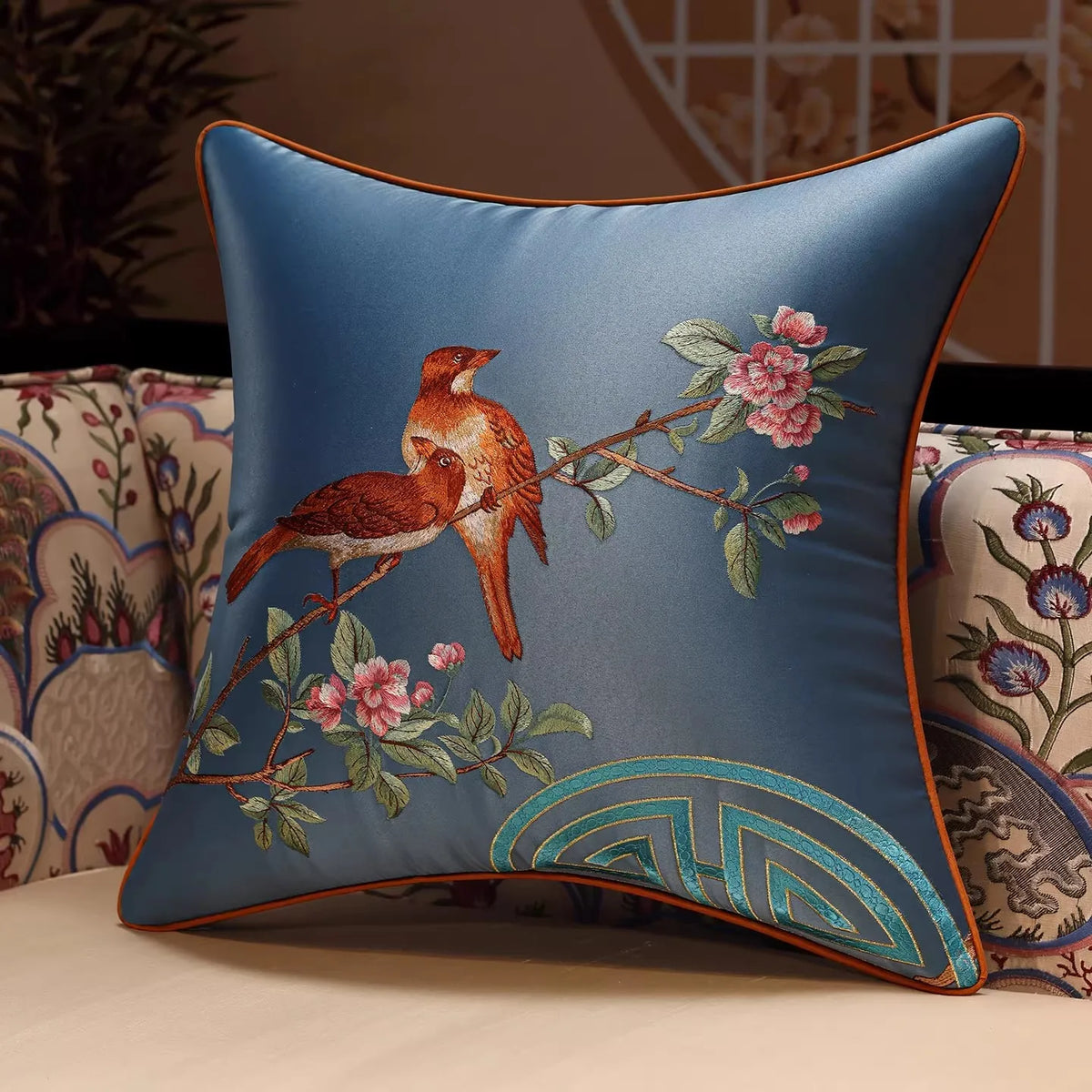 New Chinese Style Embroidered Bird Cushion Cover Living Room Sofa Waist Pillow Luxurious Classical Bed Head Silk Pillowcase