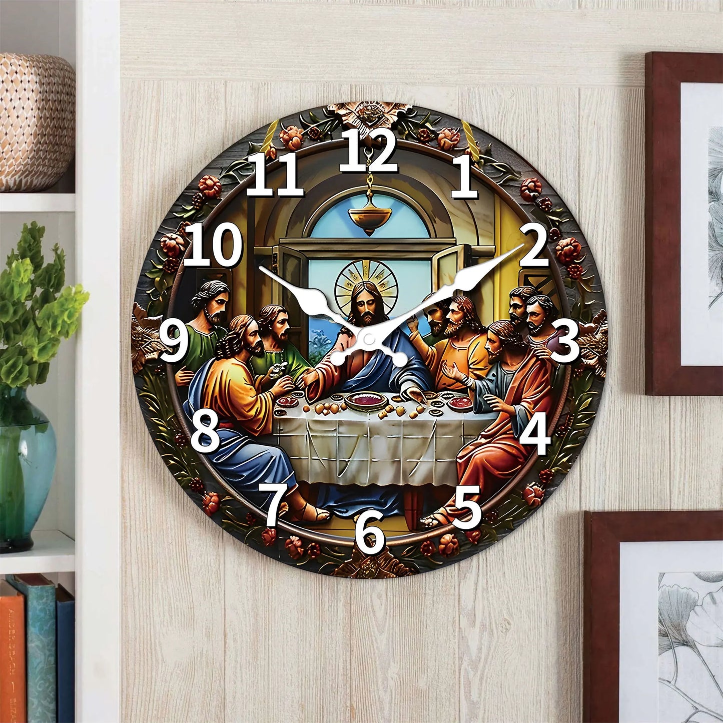 A wooden veneer wall clock, "Last Supper" themed design Flat wall clock, non-ticking silent clock, Living Room Bedroom, Office,