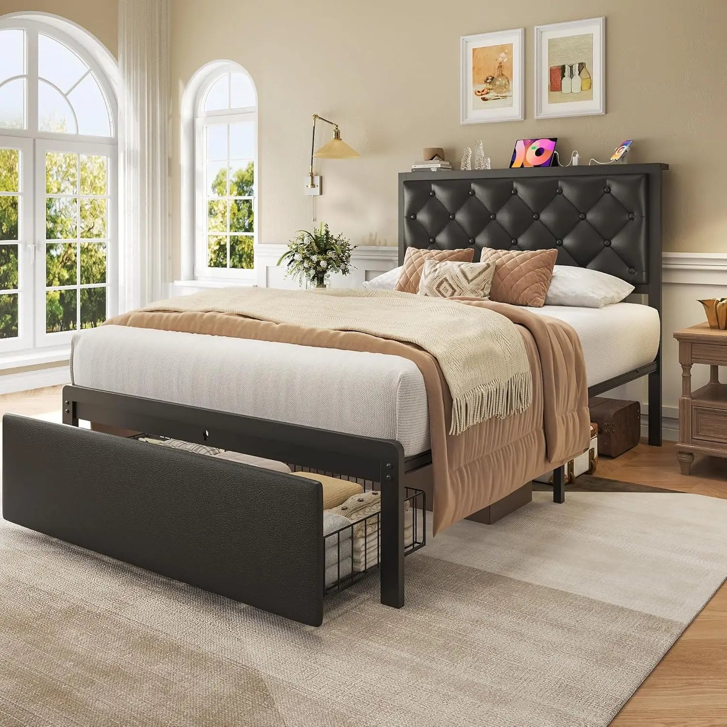 Twin Bed Frame with Storage Drawer, Upholstered Headboard Button Tufted Bed Frame with Charging Station, No Box Spring Needed, Noise-Free, All Metal Structure, Black