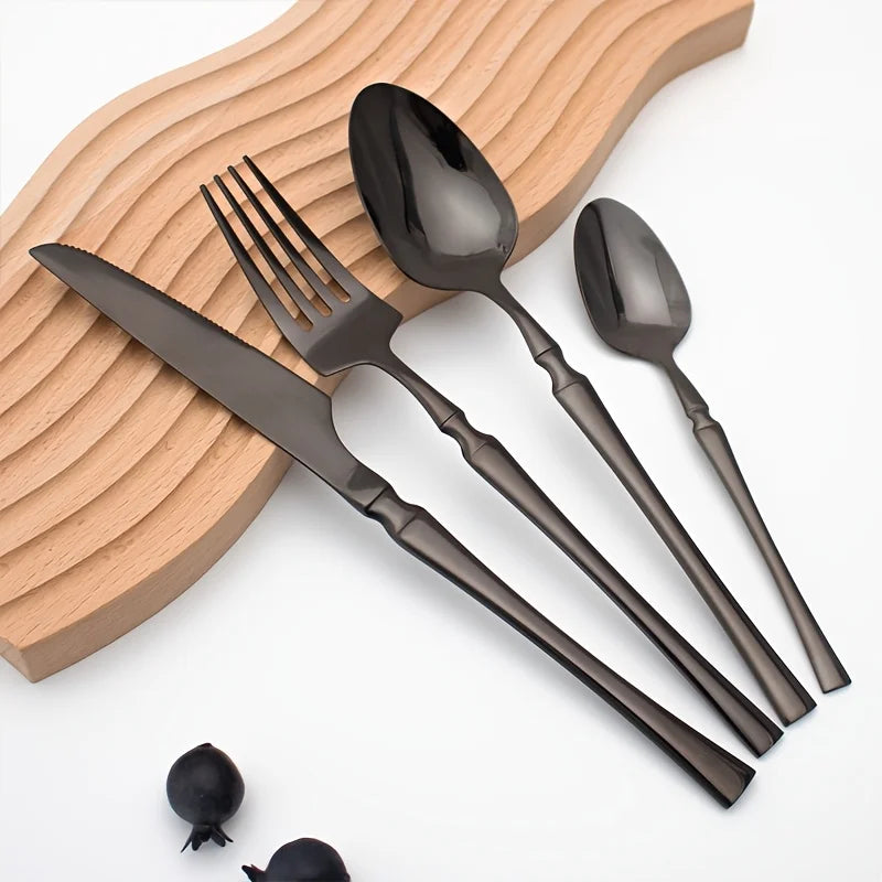 40/60-Piece Black Stainless Steel Cutlery Set, Mirror Polished, Including Dinner Forks, Steak Knives, and Soup Spoons, Suitable