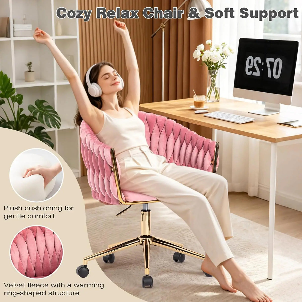 Cute Fabric Rolling Chair Vanity Office Desk Chair with Back Wheel Pink, Customized