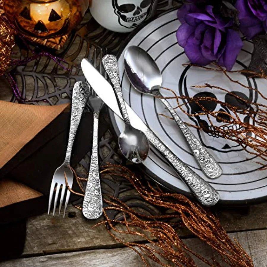 Calavera Skull 45 Piece Flatware Set for 8 Silverware Made in USA Stainless Steel Silver Finish Durable and Elegant Dining Cutl