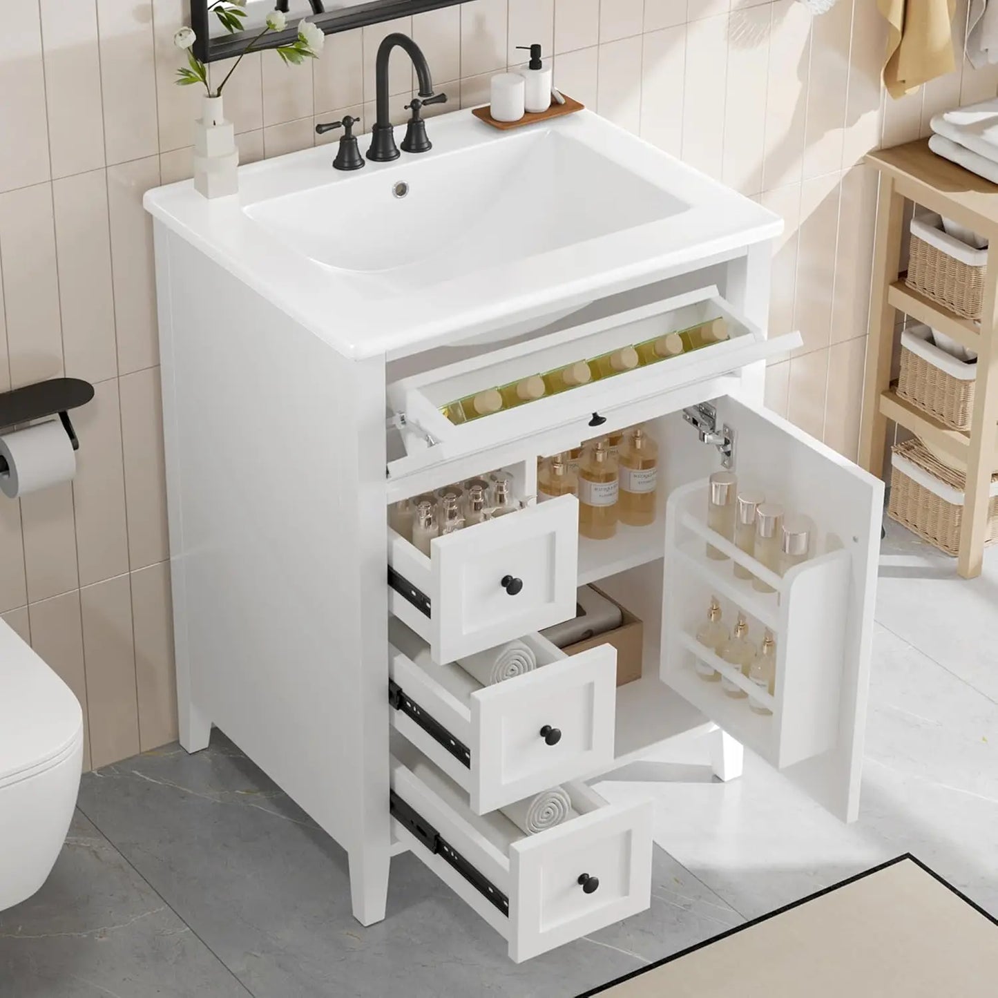 24" Solid Wood Bathroom Vanity with Sink, 3 Drawers & Tip-Out, Adjustable Shelves, Soft Close Organizer, White, Customized