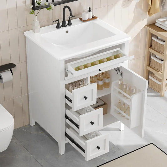 24" Solid Wood Bathroom Vanity with Sink, 3 Drawers & Tip-Out, Adjustable Shelves, Soft Close Organizer, White, Customized