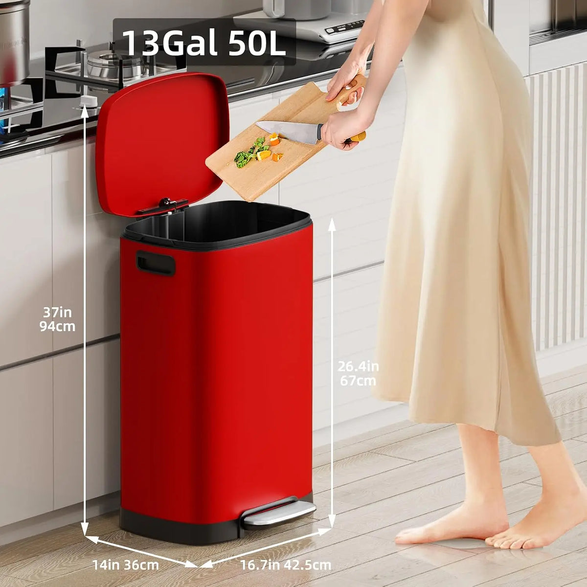 KUK 13 Gallon/50L Stainless Steel Step Pedal Kitchen Trash Can with Lid