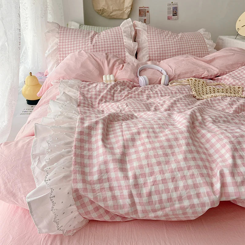 3 Piece Sheet Set  pink plaid duvet cover Set, comfortable Bedding Set Bedspread for All Season