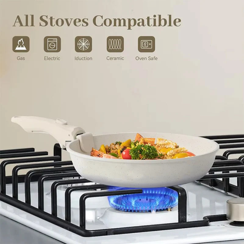 Non-stick pan, 17-piece frying pan set, suitable for induction cooktops and open flames, frying pan set, long-lasting non-stick, scratch-resistant surface, dishwasher safe, creamy white, can be given as a gift