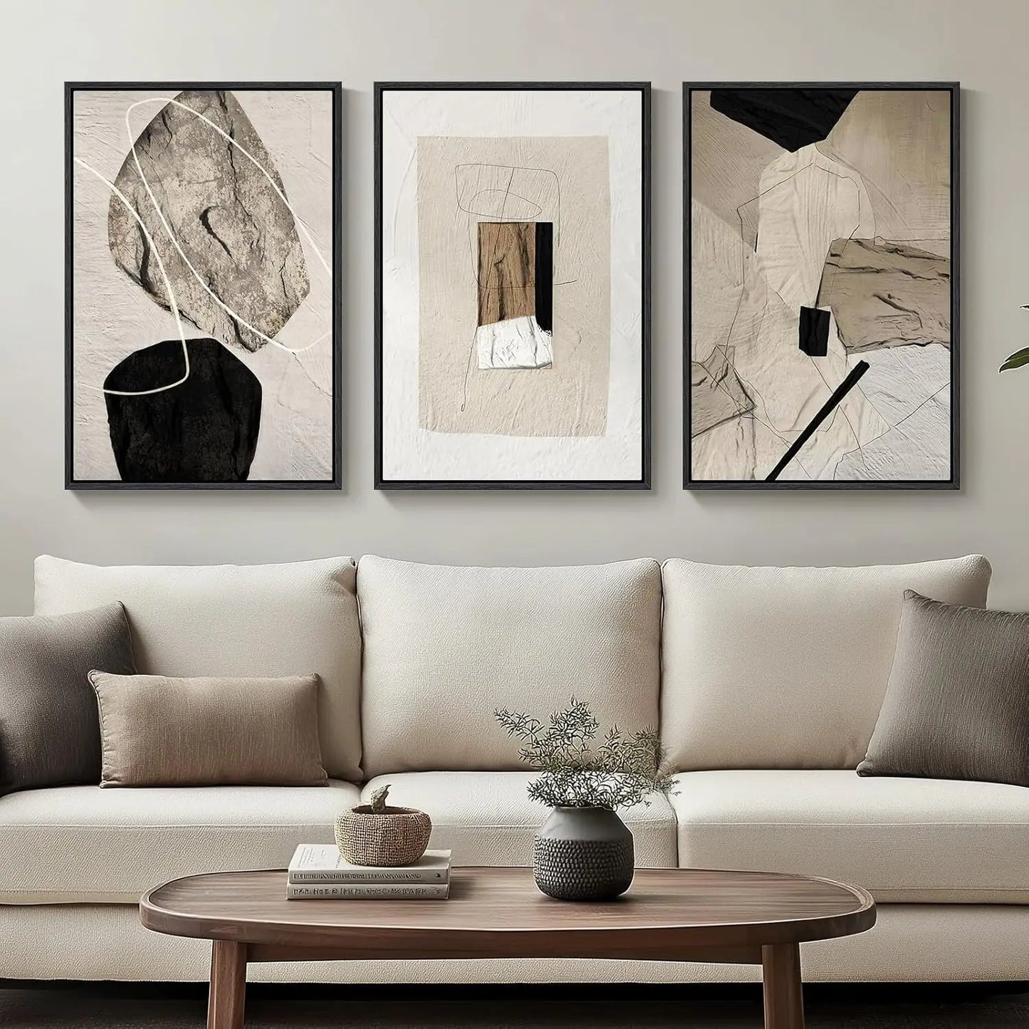 Set of 3 Modern Abstract Canvas Prints in Black and Beige, Neutral Wall Art for Living Room, Bedroom, Office Decor 16x24 Inch