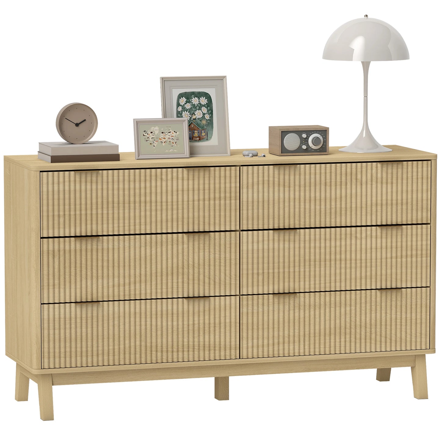 Fluted Dresser for Bedroom with 6 Drawers, 54" Wide Chest of Drawers with Gold Finger Pulls and 5 Wood Legs, Natural Wood