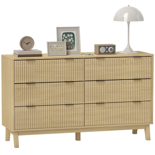 Fluted Dresser for Bedroom with 6 Drawers, 54" Wide Chest of Drawers with Gold Finger Pulls and 5 Wood Legs, Natural Wood