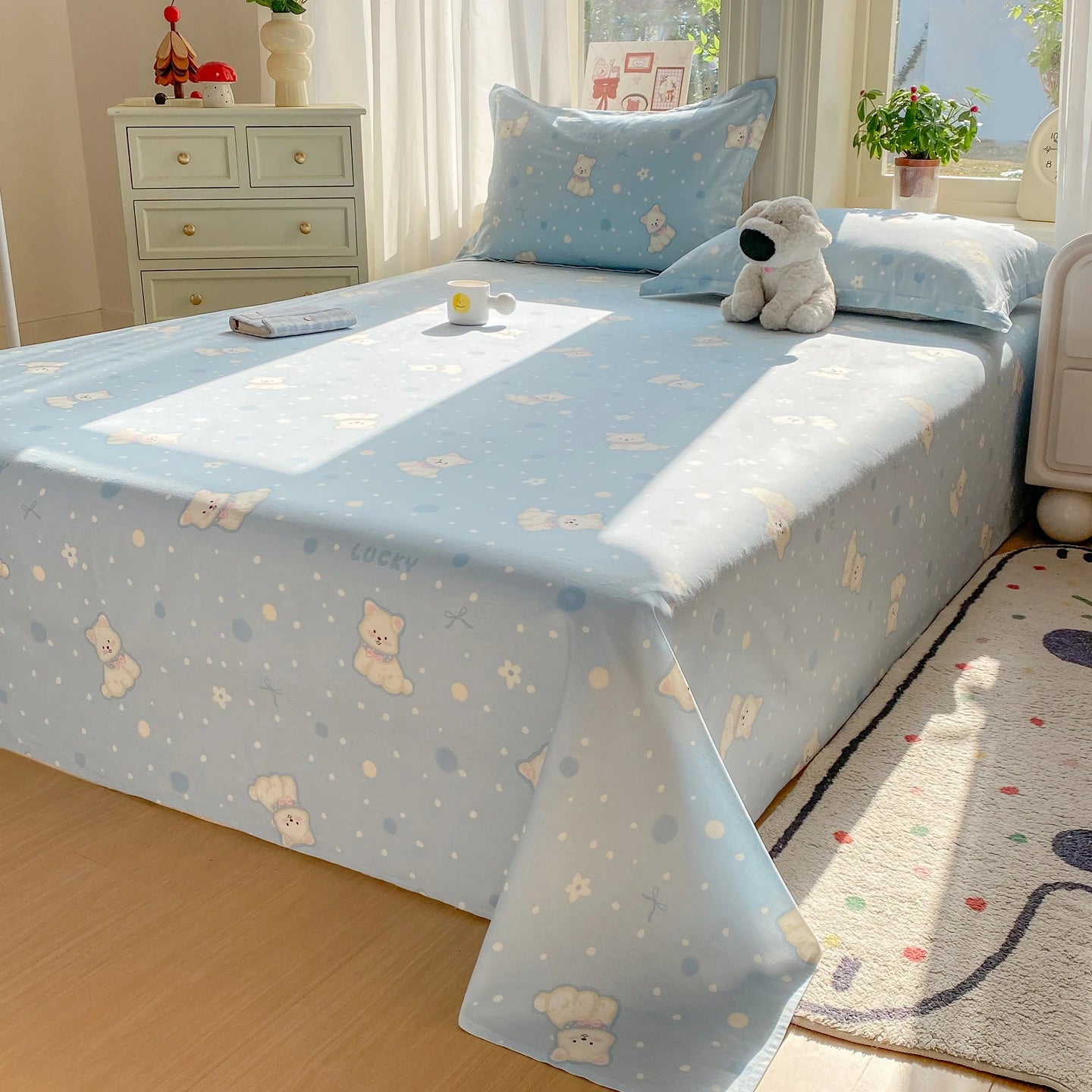 All Season Comfort 100% Cotton Flat Sheet , Soft Breathable Cute Cartoon Print Top Sheet, Wrinkle Resistant Fade Resistant