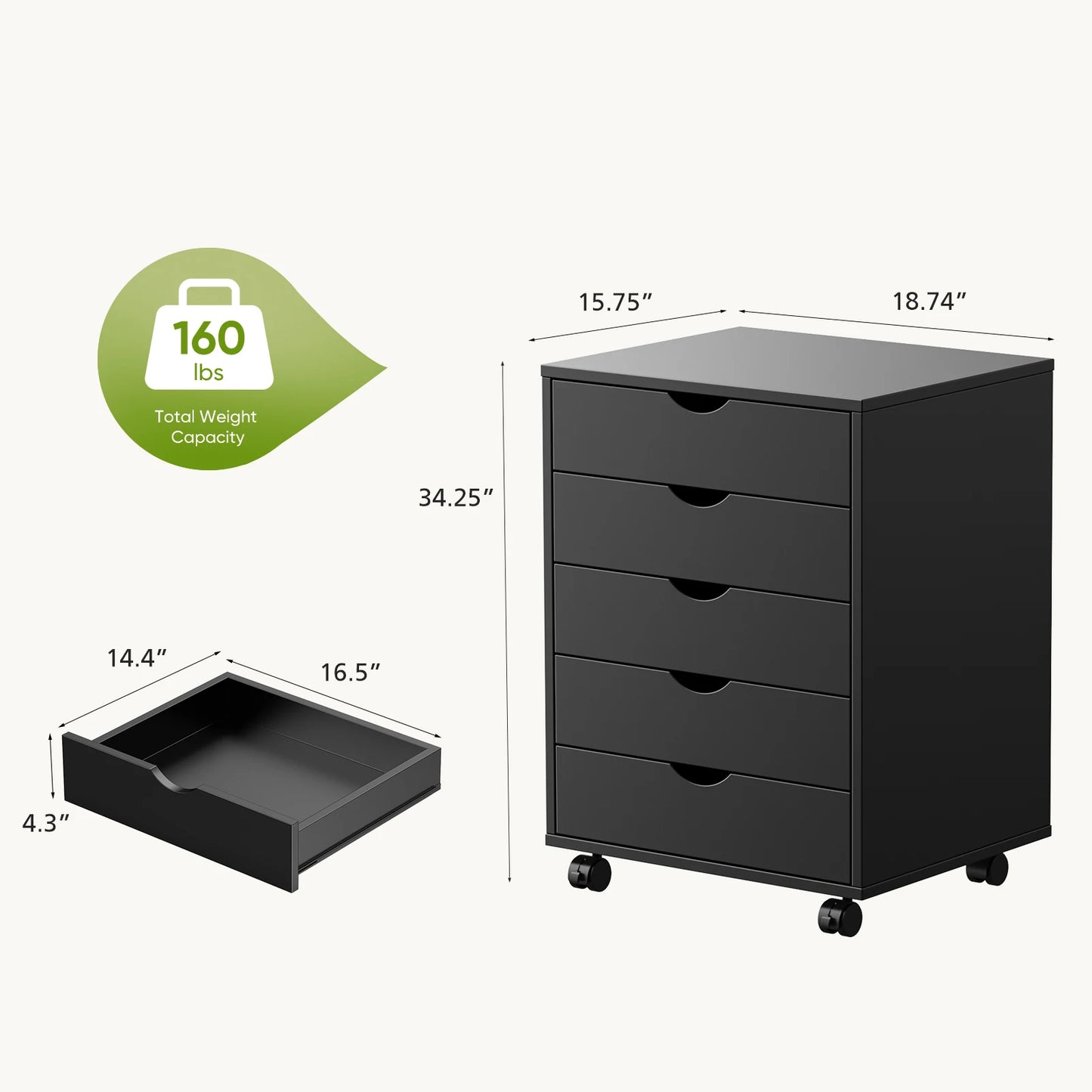 JHK Wood Cabinet For Living Room With 5 Drawers Waterproof Surface Storage Organizer Easy To Move Display Of Furniture