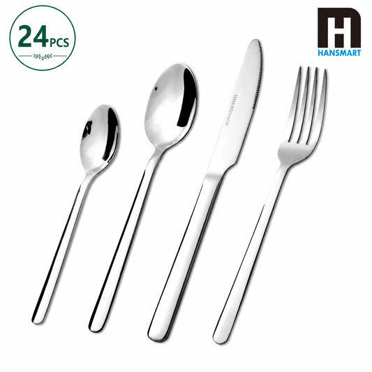 HANSMART 24Pcs Stainless Steel Flatware Set Service for 6 Mirror Polished Knife Fork Spoon Durable Tableware for Home Restaurant Catering