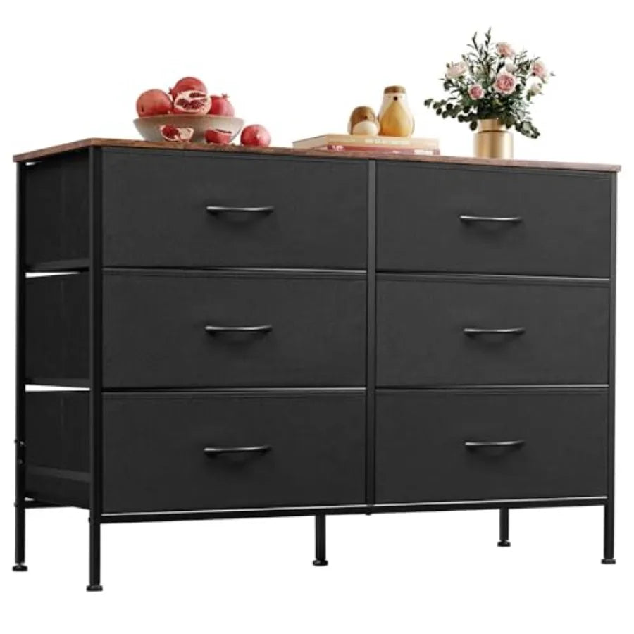 Wide Dresser with 6 Fabric Drawers, TV Stand for 50" TV, Closet Dresser with Metal Frame, Wooden Top, Fabric Dressers for Bedroom