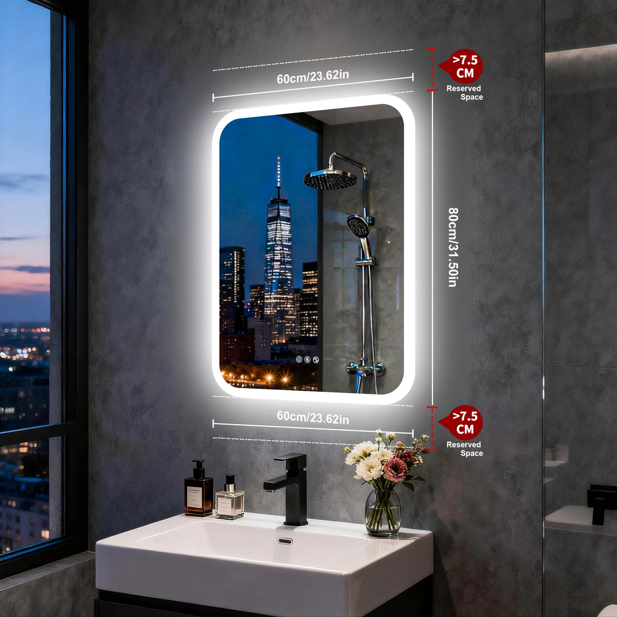 Smart LED Bathroom Mirror with Bluetooth Speakers Rectangle Illuminated Vanity Mirror Dimmable 3 Colors Anti Fog Touch Control Wall Mount