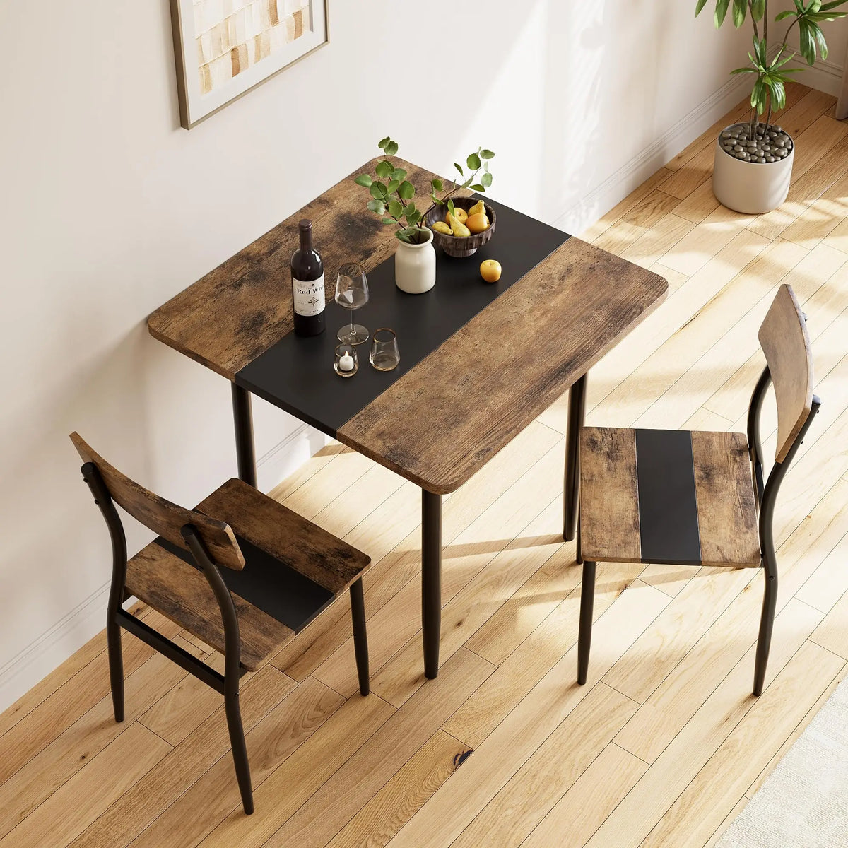 3-Piece Dining Table Set For 2, Small Kitchen Table With 2 Chairs, Two-Tone MDF Top, Metal Frame, Space Saving Apartment Dining