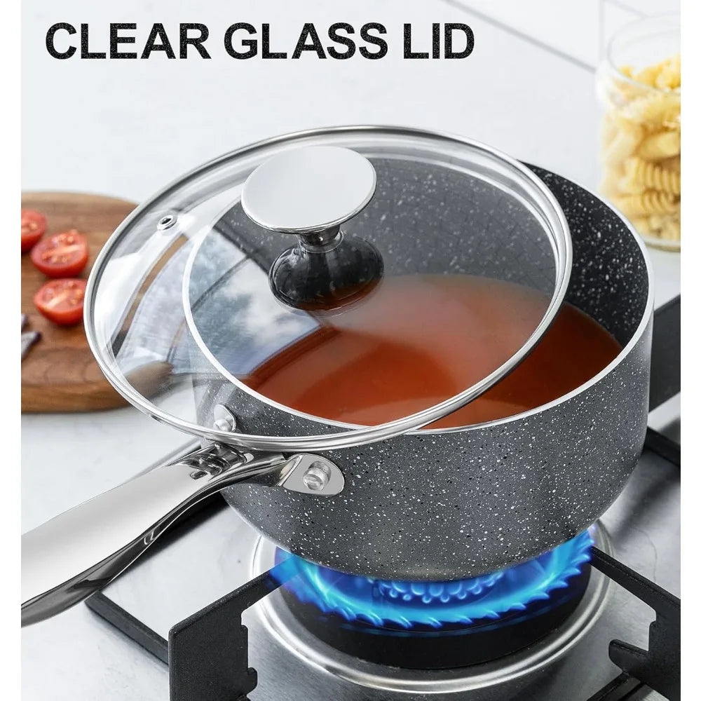 MICHELANGELO 3 Piece Granite Coated Pot Set with Lid 1QT 2QT 3QT Stainless Steel Handle for Oven and Induction Cooktop