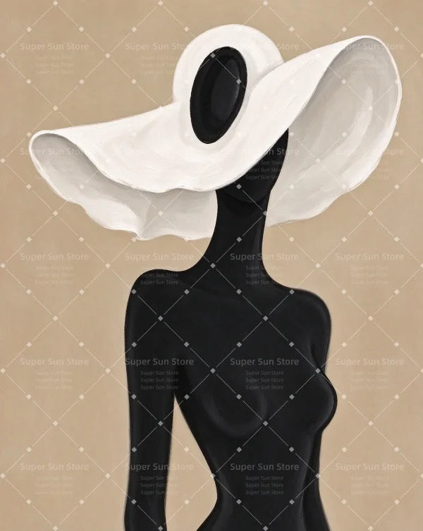 Minimalist Black Silhouette Woman With White Wide Brim Hat Canvas Wall Art Neutral Beige Boho Abstract Female Portrait Print