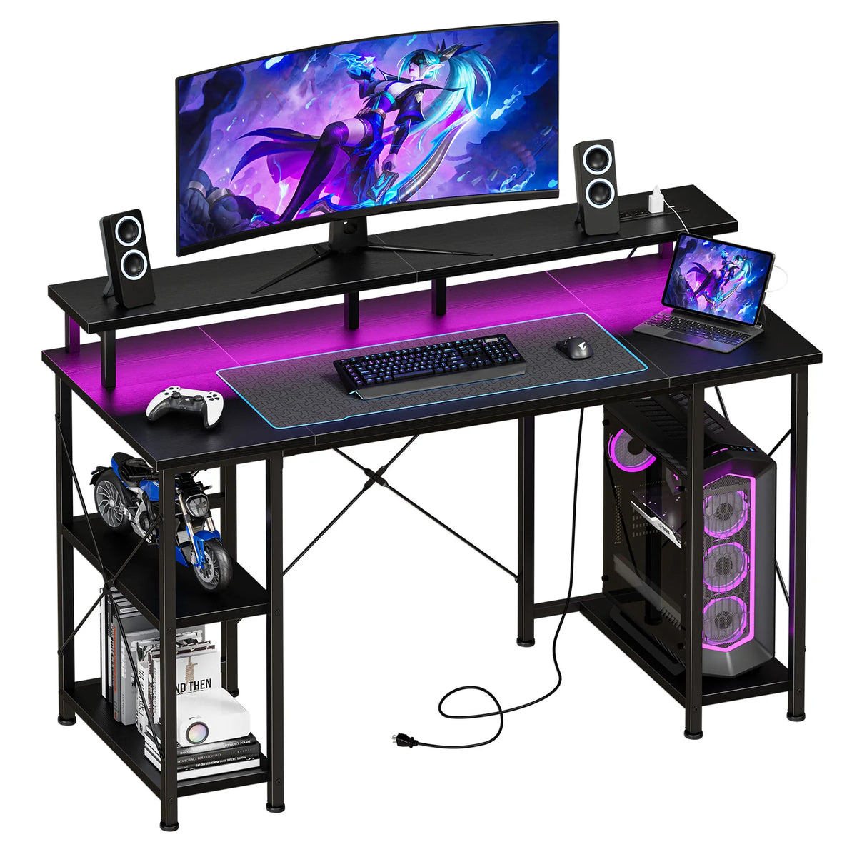 JHK 48 Inch Computer Desk with with Shelves Storage Drawers Office Wood Table with LED Lights Power Outlets Gaming Desk