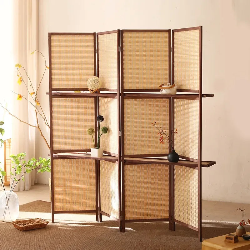 Shelvable Bamboo Wood Folding Screen Partition Solid Wood Mobile Room Divider for Living Room Hotel Office Simple Modern