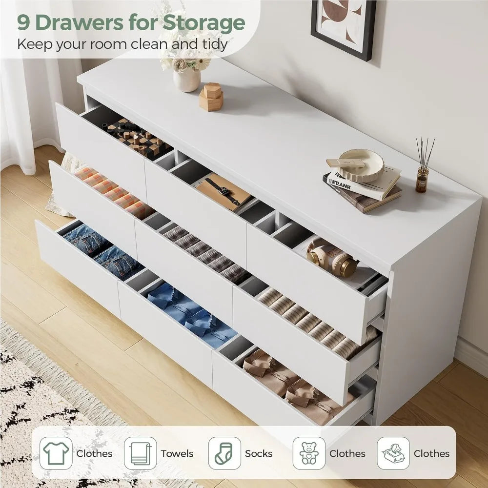Elegant White 9-Drawer Dresser for Bedroom, Storage Chest with Deep Drawers for Living Spaces