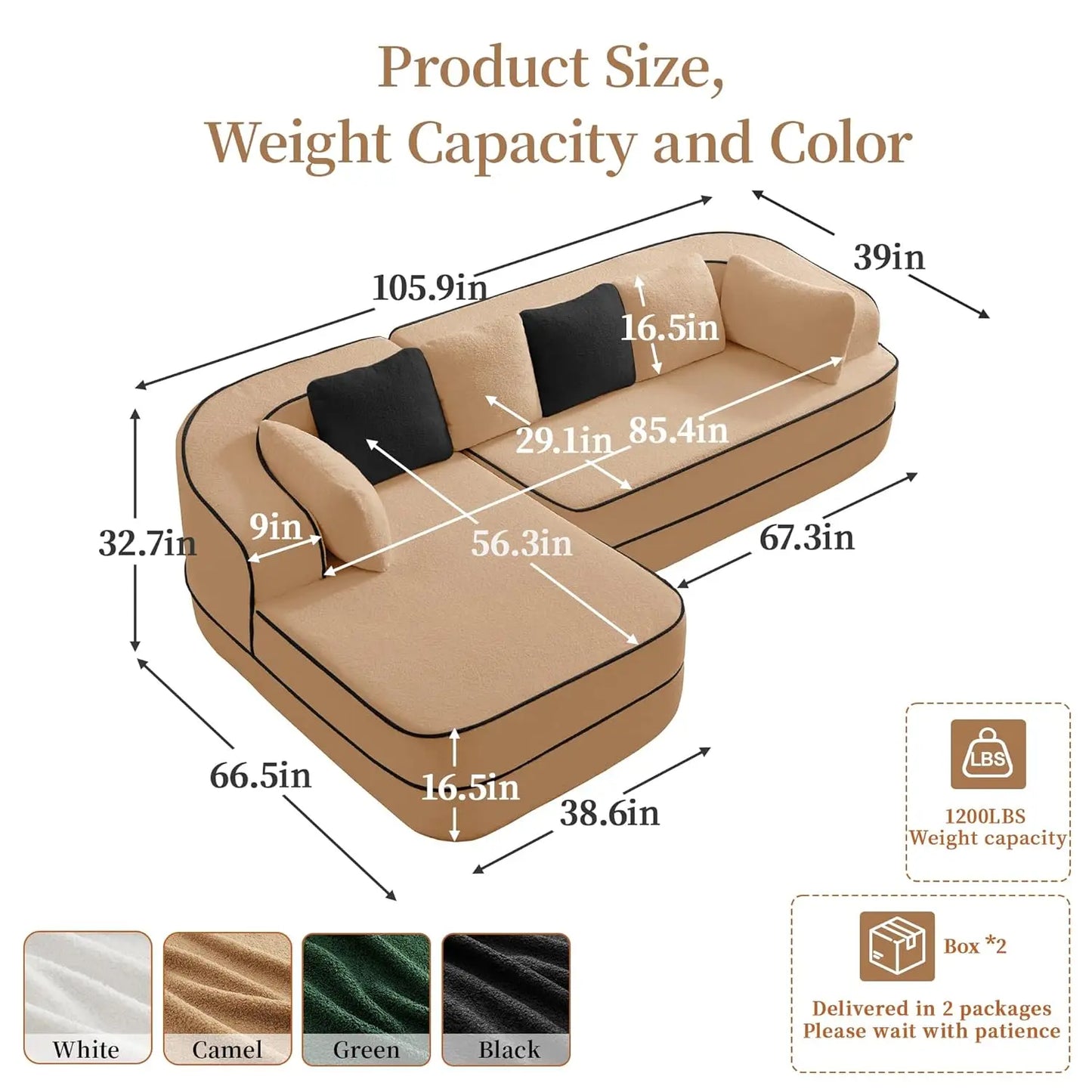 105.9" Contrast Color Boneless Sectional Couch, Teddy Fabric Foam Cloud Sofa, L Shaped Extra Deep Seat Wide Arm, Customized