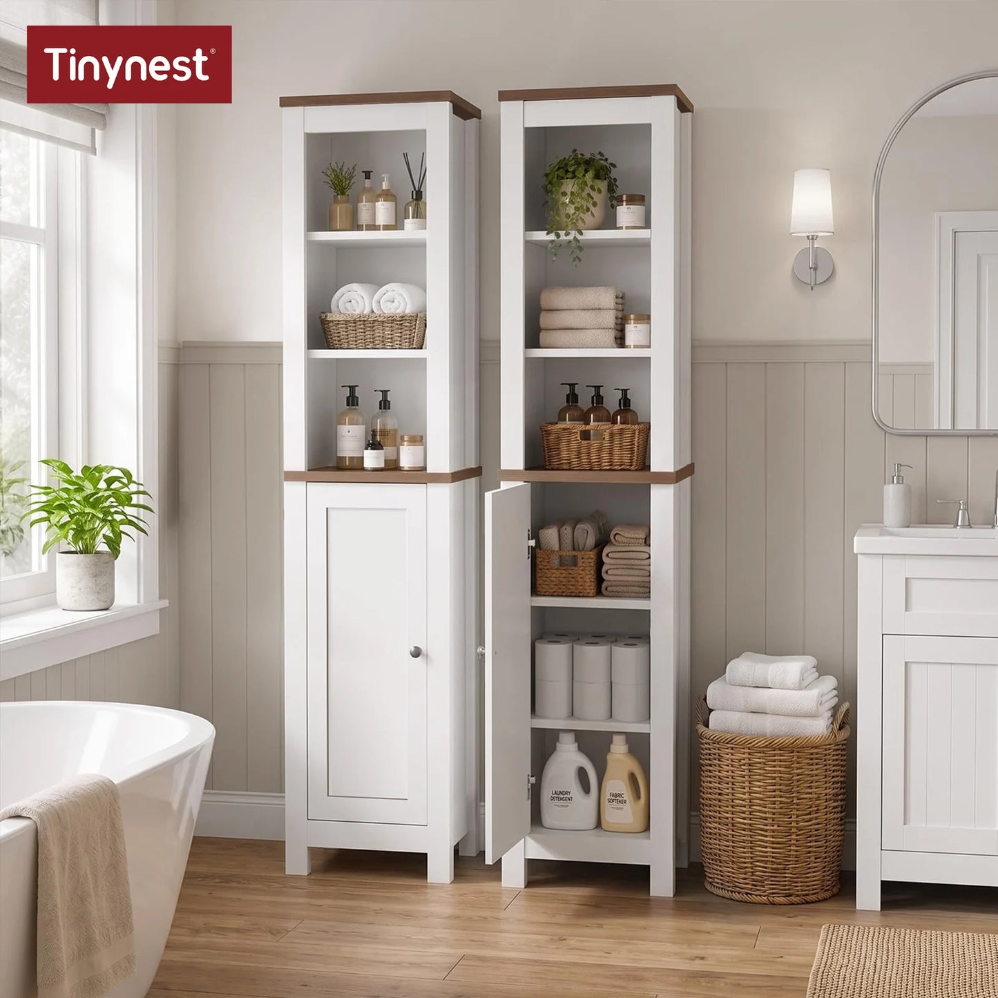 TinyNest Bathroom Storage Cabinet, 66.1 inch Tall Wood Floor Narrow Cabinet with Adjustable Shelves & Doors & Anti-Tip Design, Freestanding Toilet Closet Organizer for Bedroom, Living Room, Entryway, Kitchen