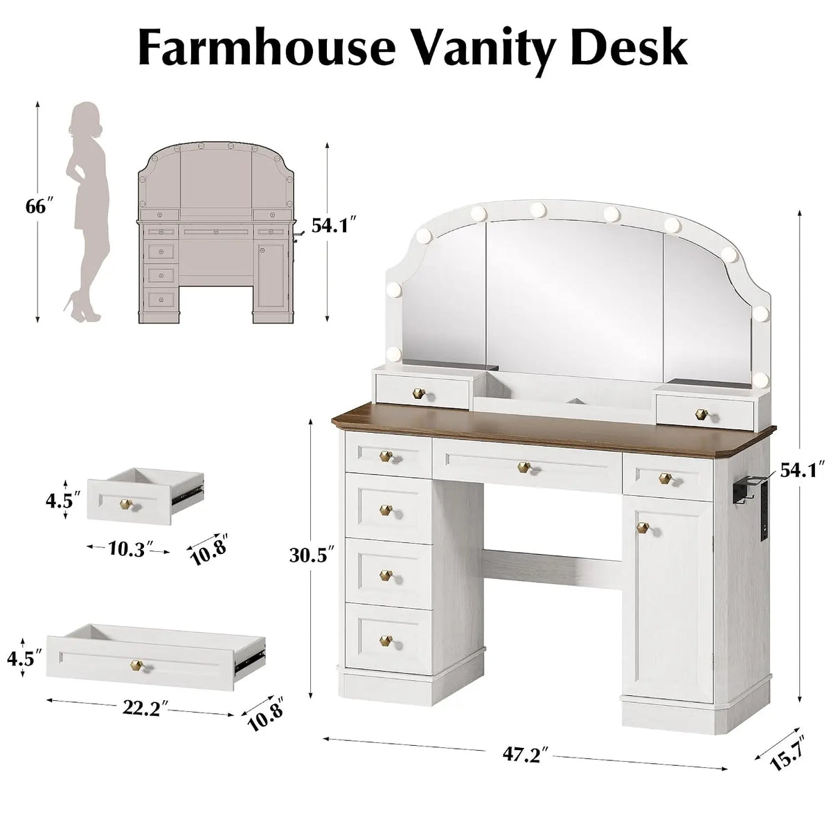 Farmhouse Makeup Vanity Desk with Mirror and Lights, 47'' Vanity Table with 8 Storage Drawers 1 Cabinet & 2, Customized