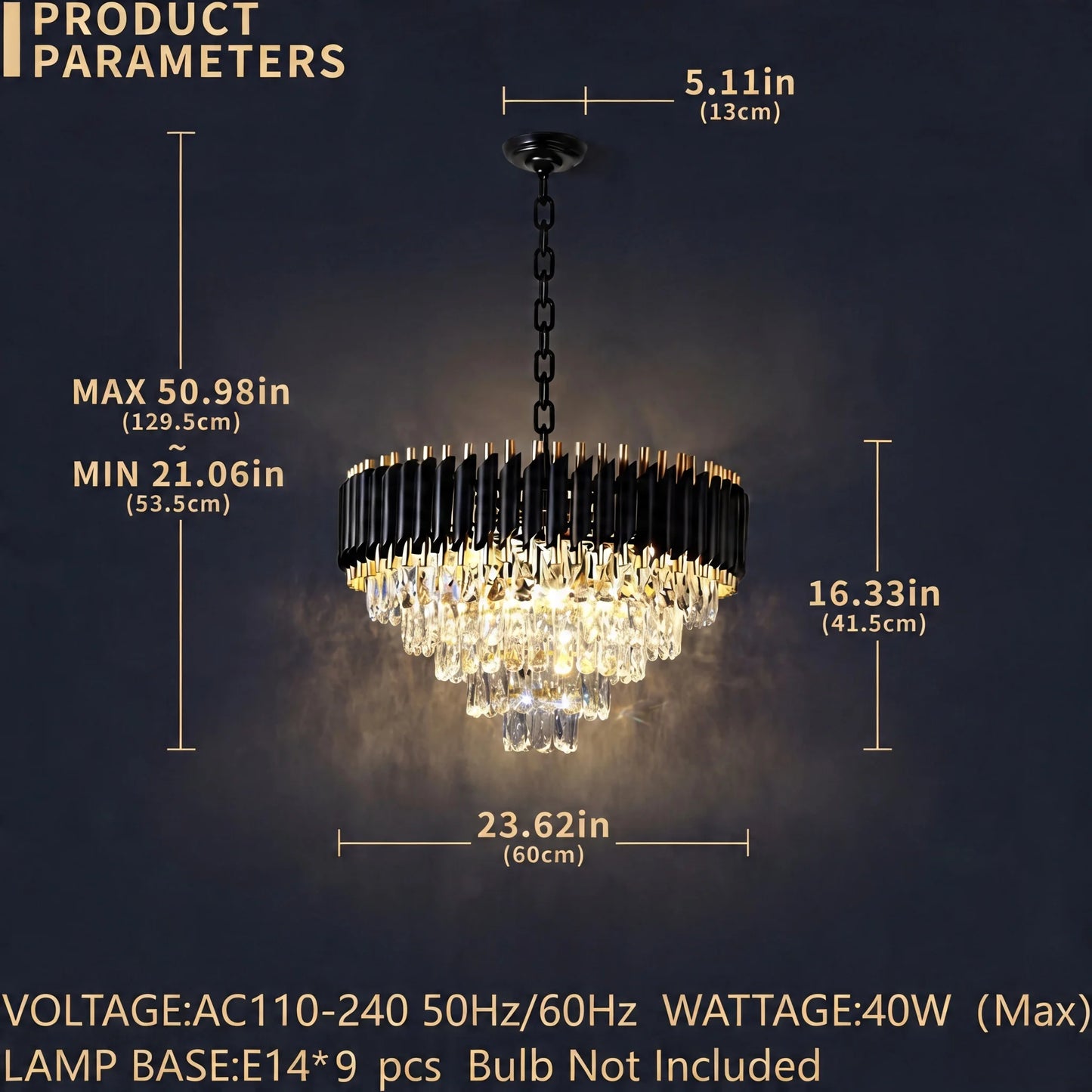Modern Black & Gold Crystal Chandelier, Dimmable 5-Tier Round K9 Crystal Chandelier for Kitchen Island/Living Room/Bedroom