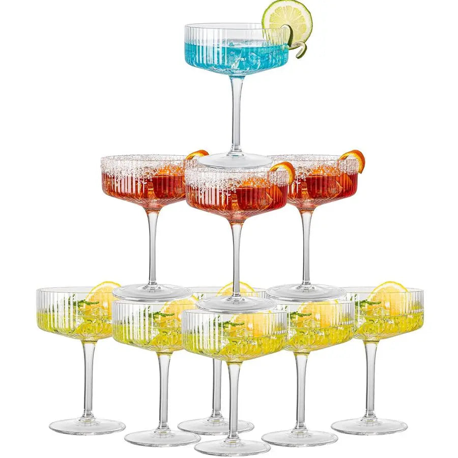 12 Pcs Acrylic Martini Glasses, 10oz Shatterproof Plastic Champagne Tower, Unbreakable Ribbed Coupe Glasses, Stem Cocktail Glass