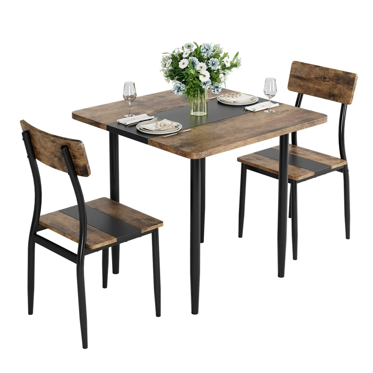 3-Piece Dining Table Set For 2, Small Kitchen Table With 2 Chairs, Two-Tone MDF Top, Metal Frame, Space Saving Apartment Dining