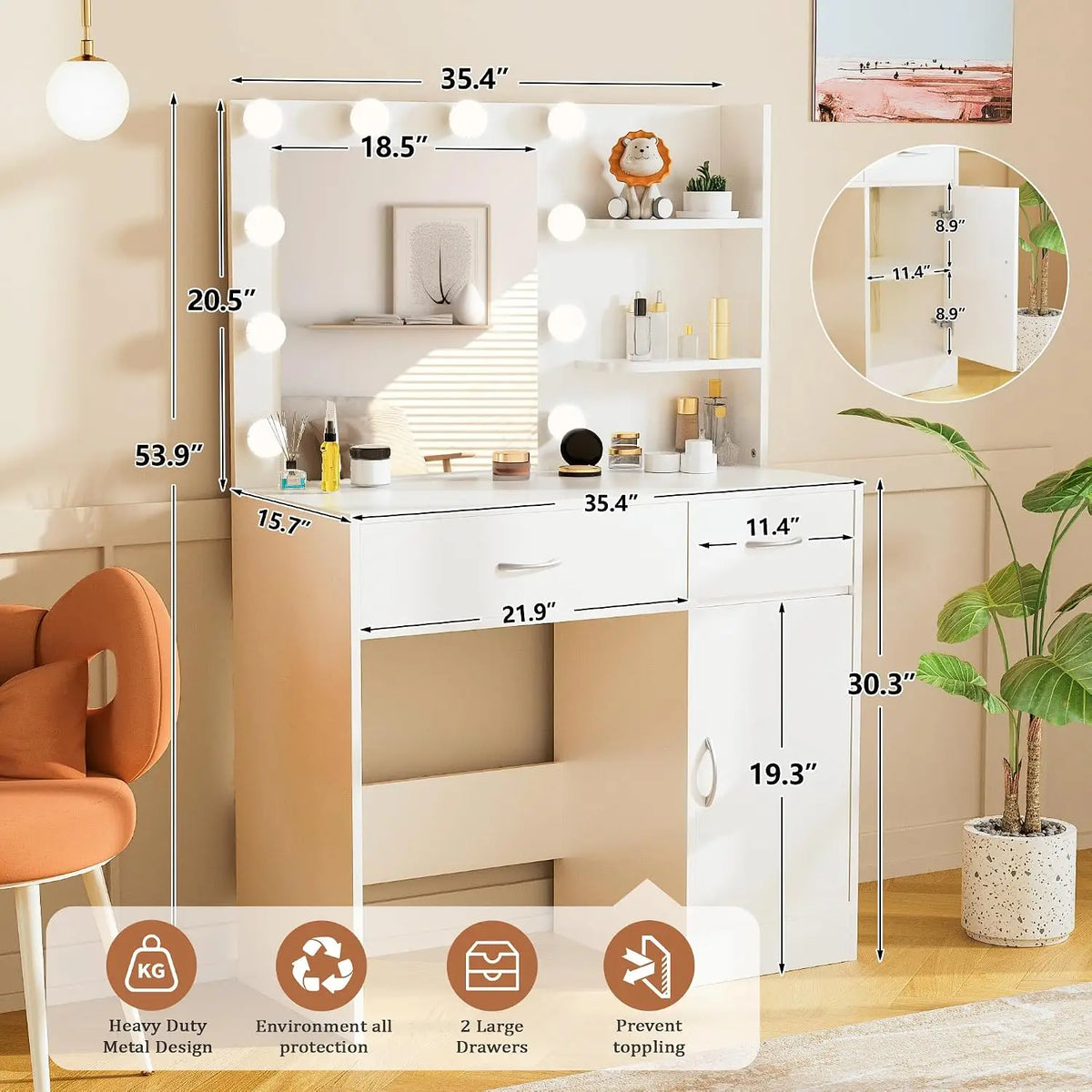 35.4" White Makeup Vanity Desk With Large Mirror & 10 Dimmable Hollywood Light Bulbs,Storage Cabinet, Customized