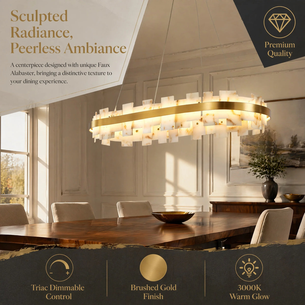 ARLGSITE 37.4" Modern Alabaster Chandelier, Adjustable Oval Stone Pendant Light for Dining Room, Bedroom & Kitchen Island