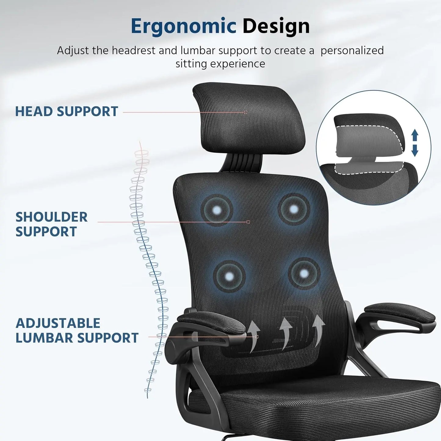 Ergonomic Office Chair, High Back Desk Chair with Headrest and Flip-up Armrest Lumbar Support for Home Office, Customized