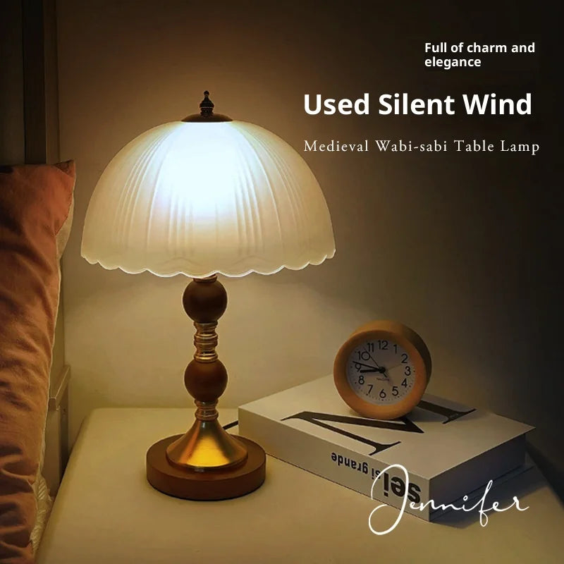 Solid Wood Nordic Table Lamp Bedside Light Luxury High-end Bedroom Decoration Table Lamp Retro Glass Creative Night Lamp B & B