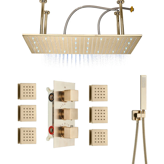 Bathroom Brushed Gold Thermostatic Shower Faucet Big Rainfall Head Ceiling Mounted Bathtub Mixer Tap Bath Shower Set System