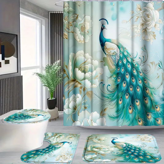 4Pcs Elegant Peony Peacock Shower Curtain Set with Hooks, Teal Floral Print Waterproof Mildew Resistant Fabric Bath Mat for Family Bathroom Home Decor