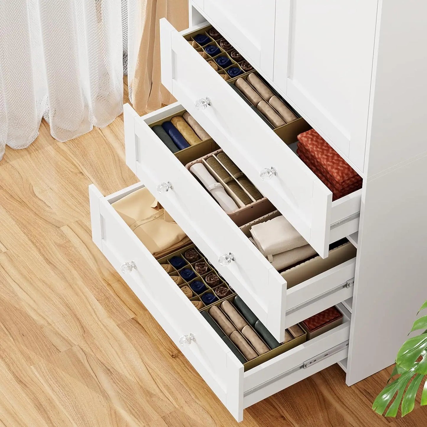 Armoire Wardrobe Closet with Drawers and Mirror, 71" Clothing Storage Cabinet with Hanging Rod, 2 Doors Wooden, Customized
